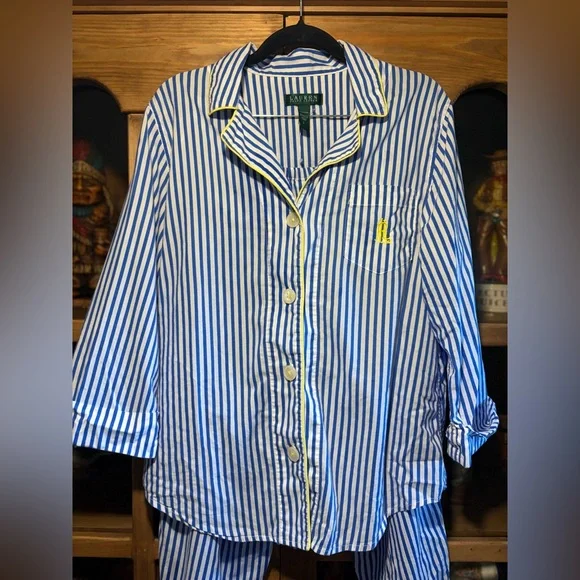 Lauren Ralph Lauren Blue and White Striped with Yellow Trim Pajamas Size Large - Picture 3 of 11